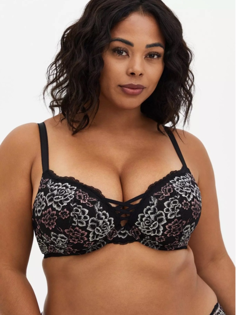 XO Push-Up Plunge Bra - Lace Black & Pink Floral